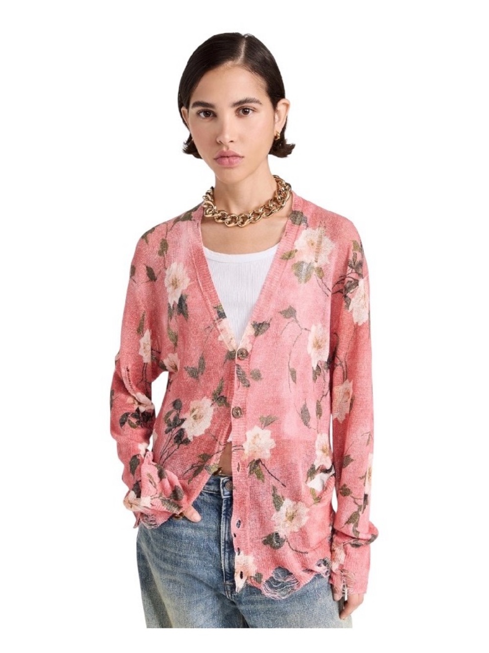 R13 Floral V-Neck Button Boyfriend Cardigan Sweater